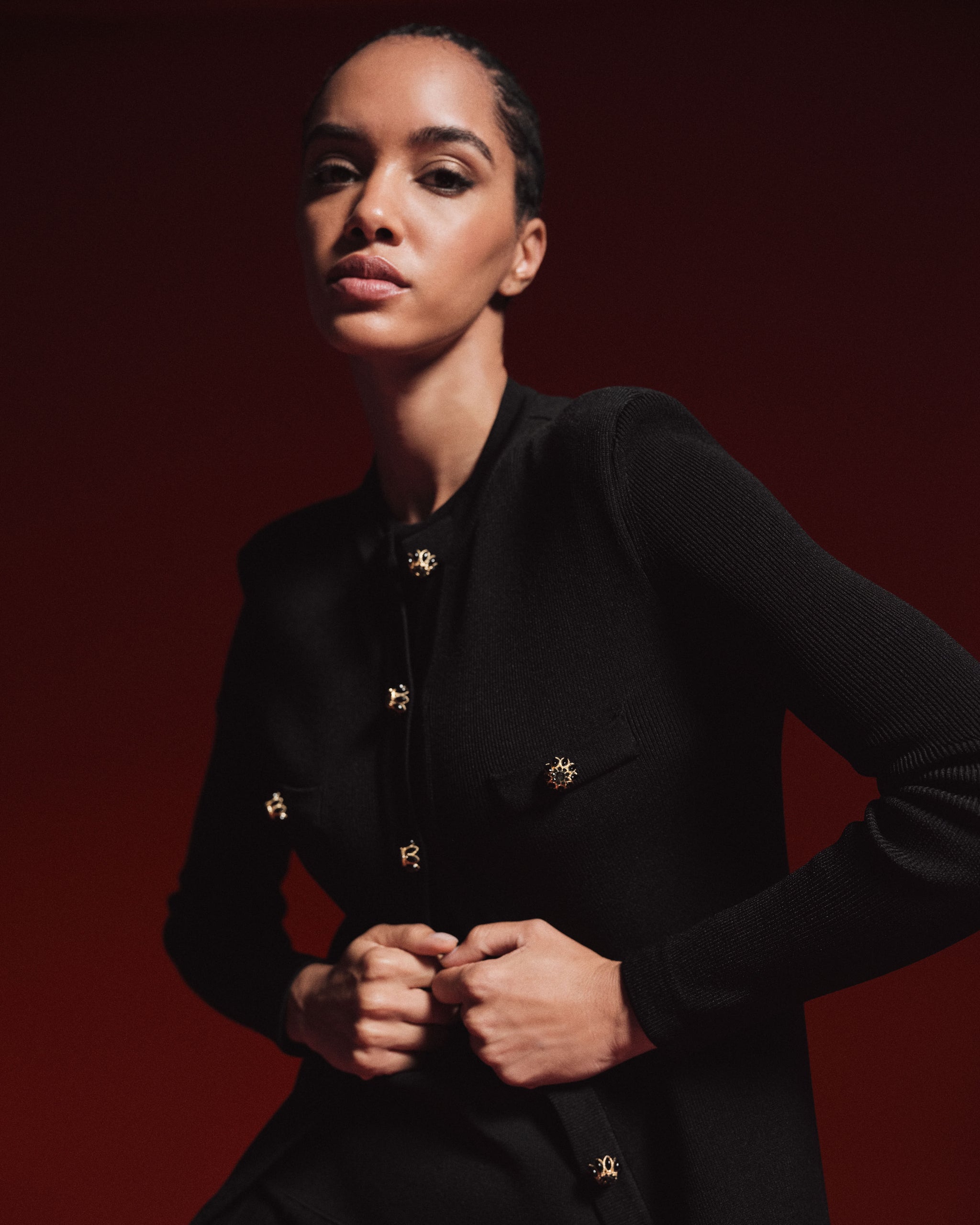 GISELE Luxe Ribbed-Knit Cardigan Black | CAYET