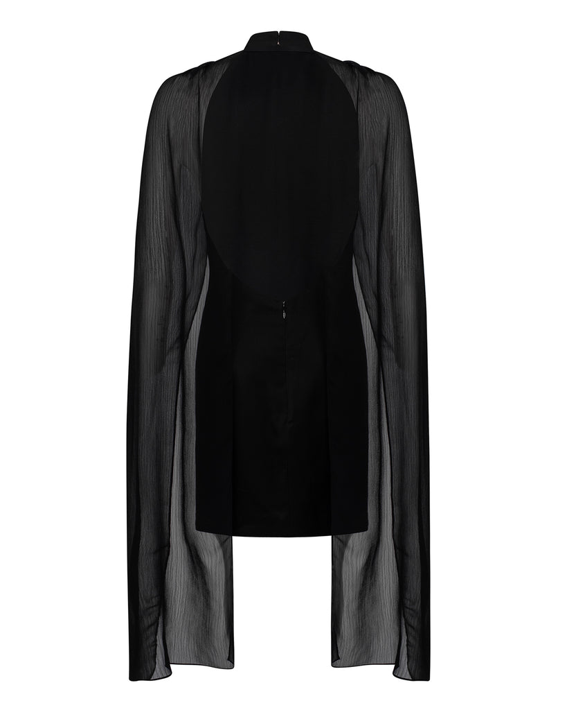 Black long-sleeve top with sheer overlay on a white background