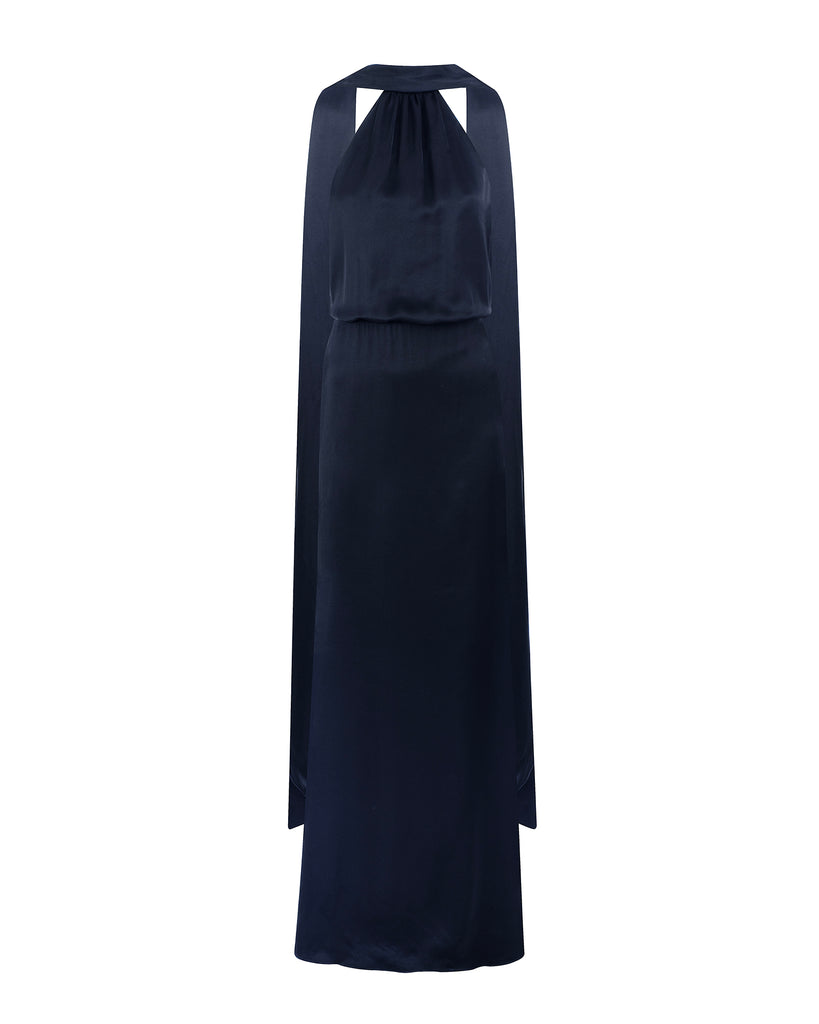 Navy blue halter neck dress on a white background