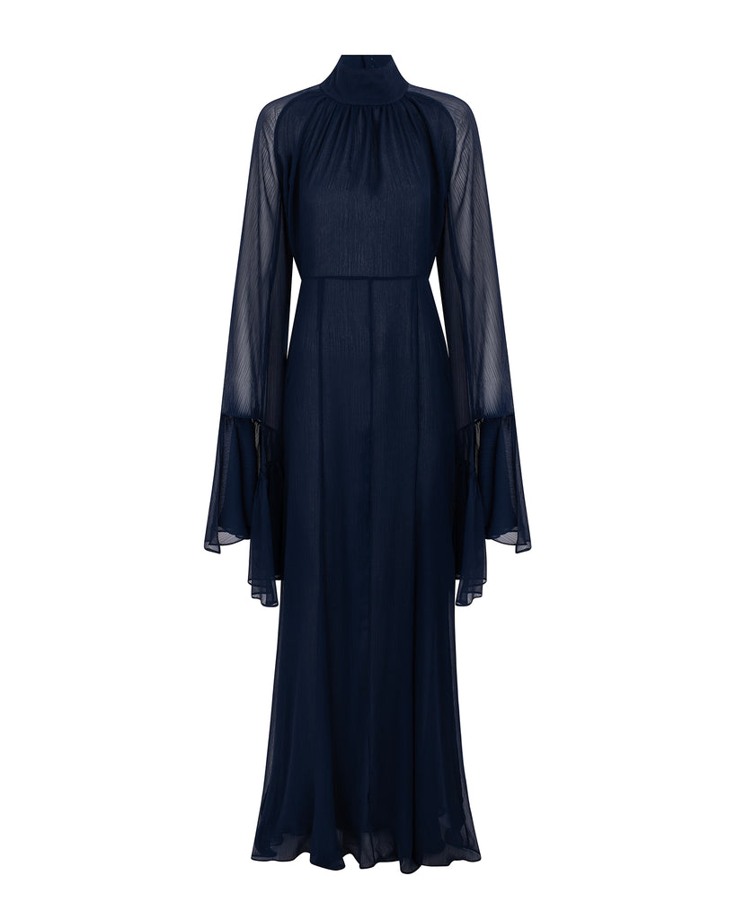 Navy blue dress with sheer sleeves on a white background