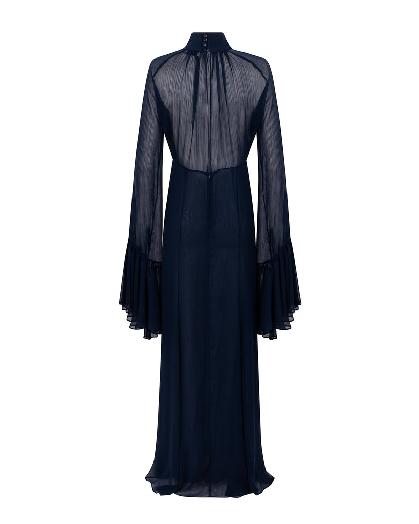 Navy blue dress with sheer long sleeves on a white background