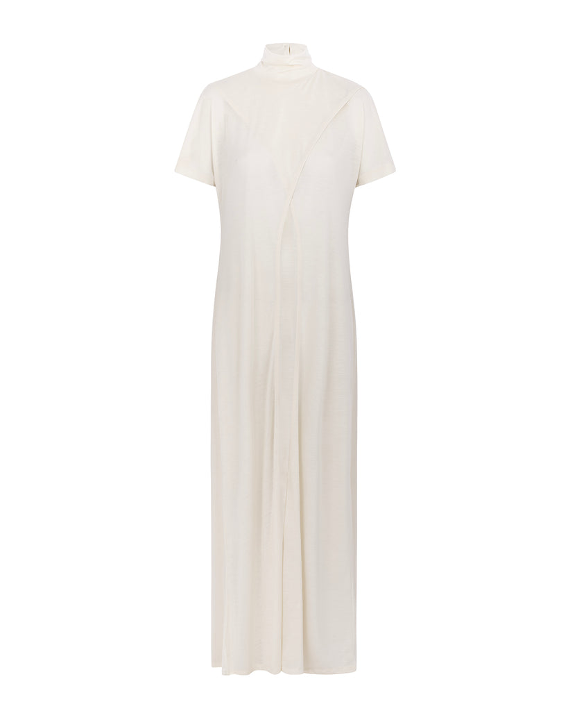 White dress with a high neckline on a white background