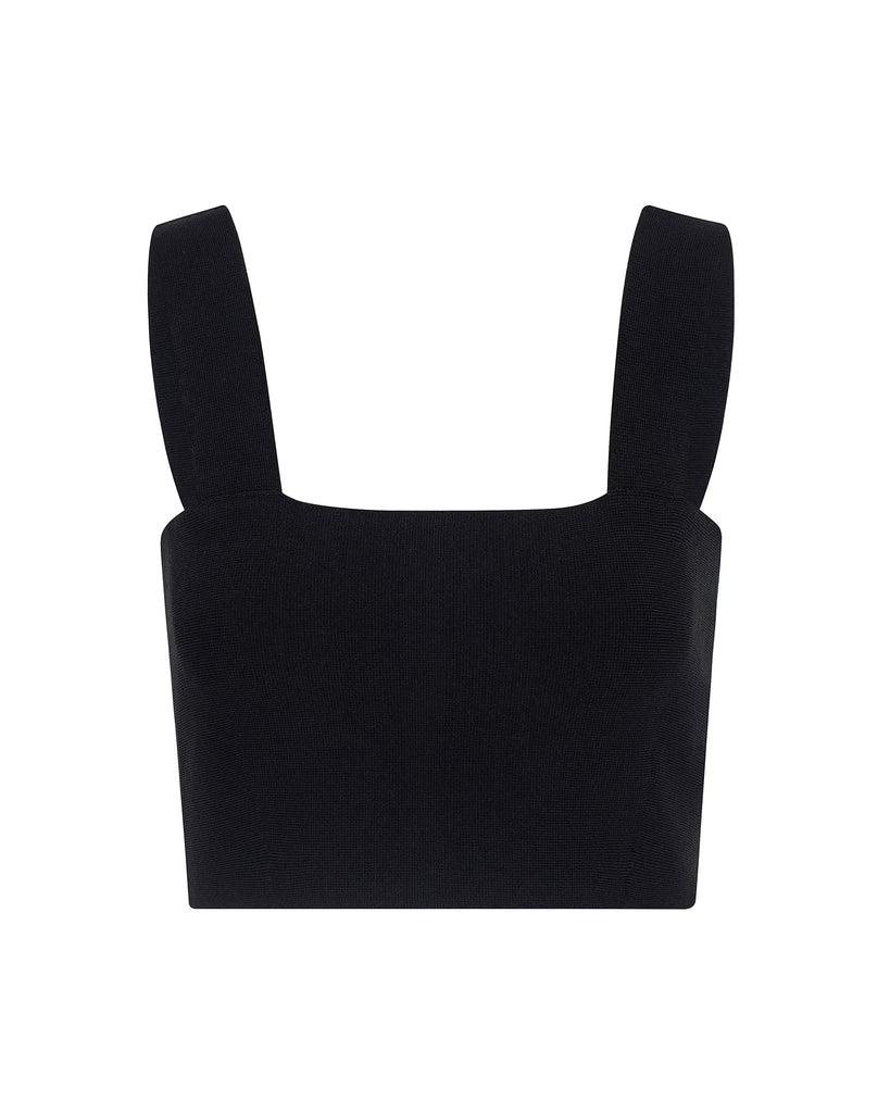 Black crop top with thin straps on a white background