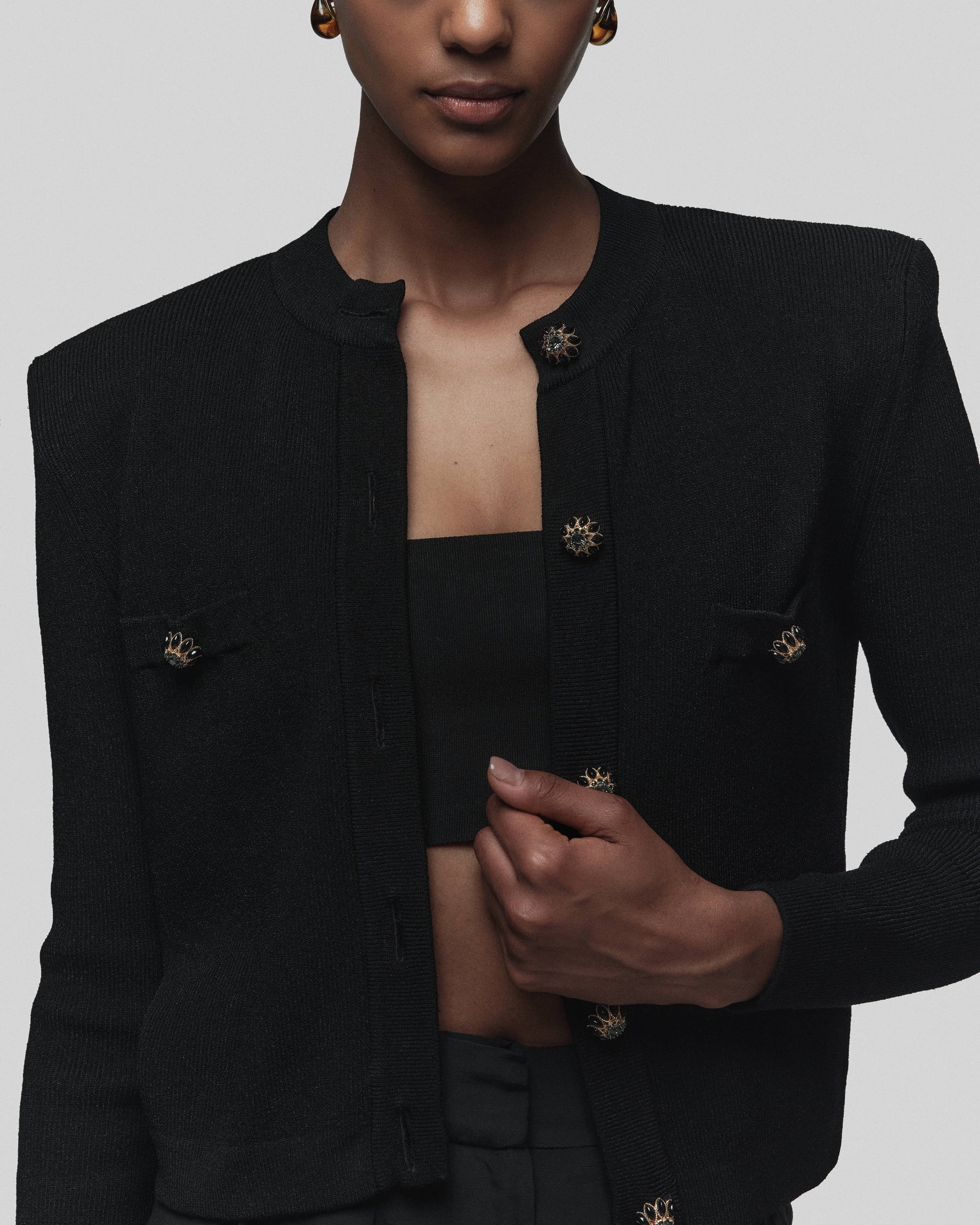 GISELE Luxe Ribbed-Knit Cardigan Black | CAYET