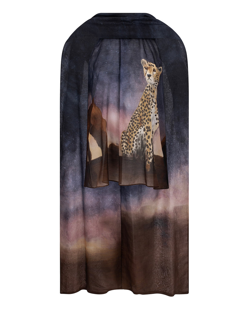 Cape with a leopard design on a white background