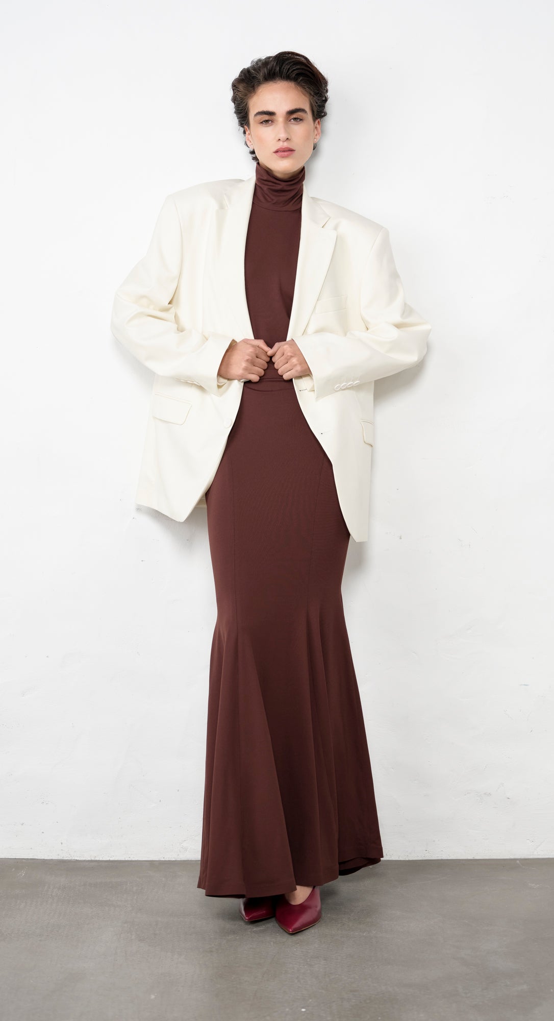 042052● ESSAY OVERSIZED COLLAR LESS COAT Collarless Shawl Long Coat – ODD